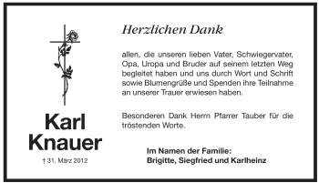 Traueranzeige von Karl Knauer von Pegnitz-Zeitung